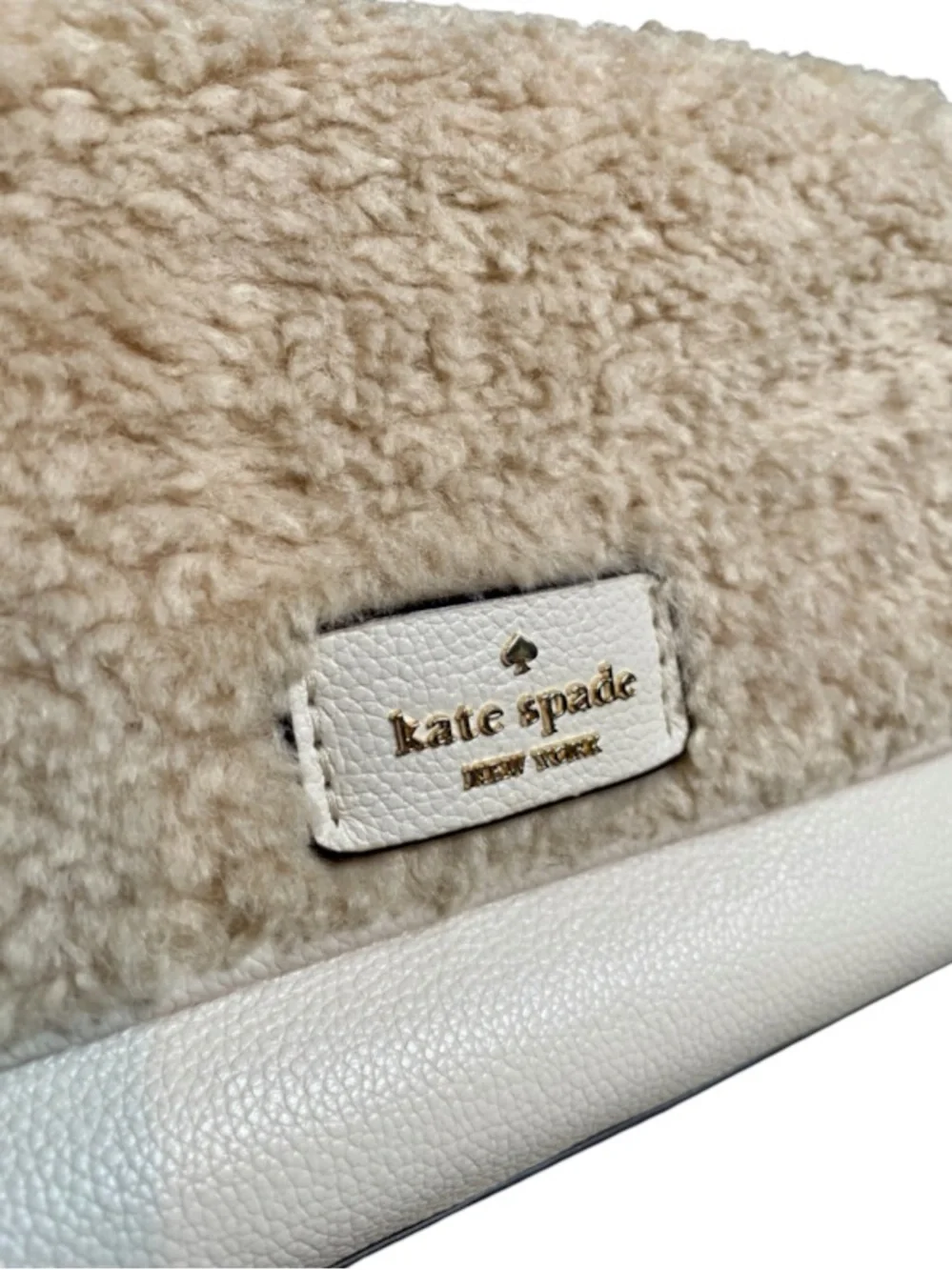 kate spade Cream Shearling & Leather Crossbody with Stripe Strap